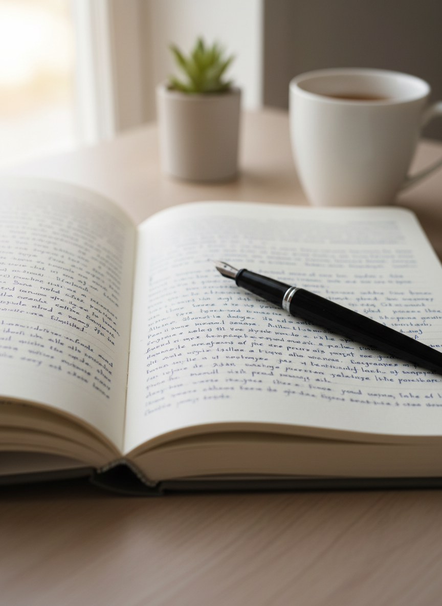 A hardcover journal with a charcoal gray linen cover lies open on a clean wooden desk, its creamy, slightly textured pages filled with neat handwritten lines that fade into soft blur toward the edges. A smooth black fountain pen rests diagonally across the page, its metal clip catching soft morning sunlight that filters in from an unseen window. In the background, out of focus, a ceramic mug and a small green plant suggest a quiet workspace. Photographic realism, calm and contemplative mood, shot at a slightly elevated angle with shallow depth of field, emphasizing focused, professional self-reflection and thoughtful writing.