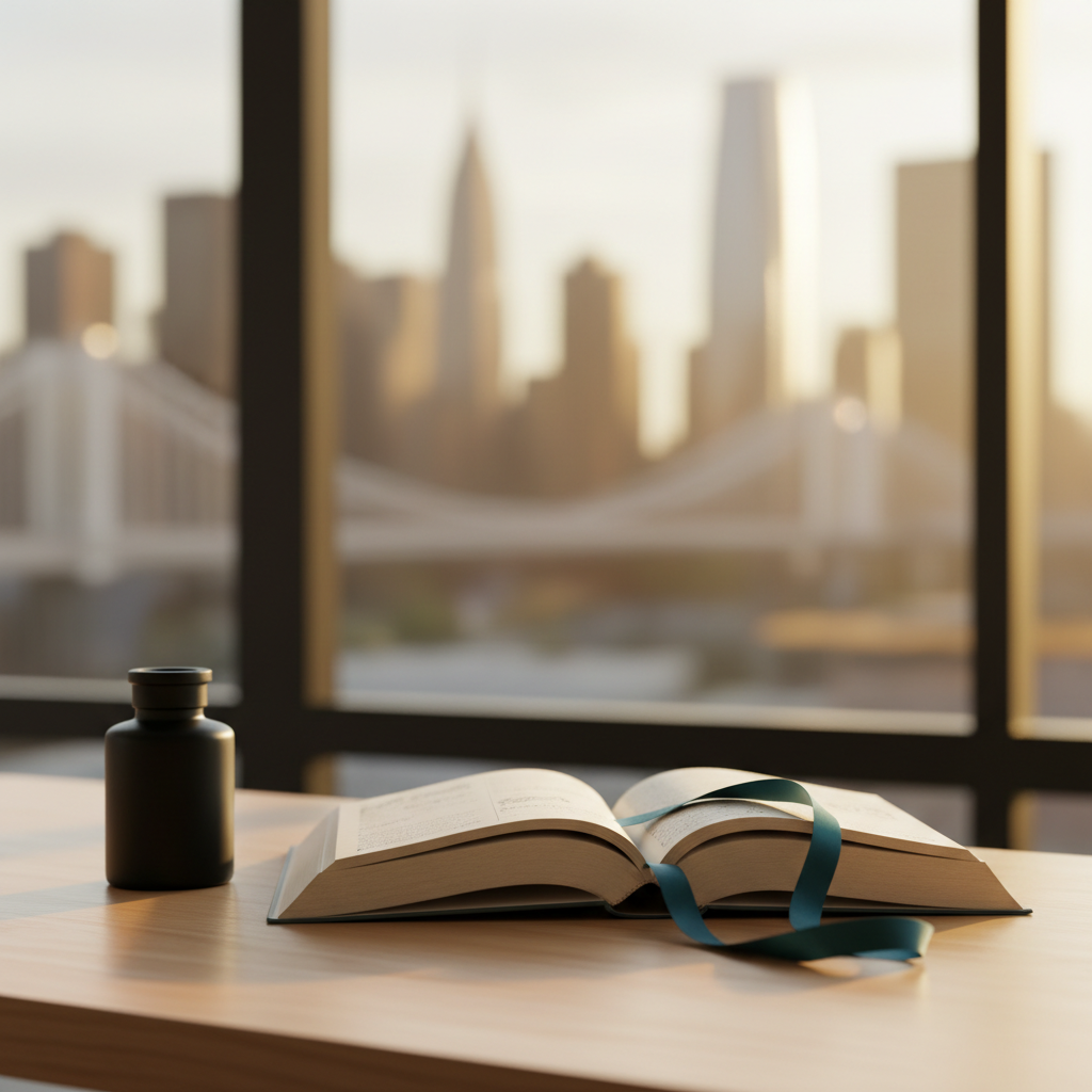 A single open journal with thick, off-white pages sits beside a large window overlooking a blurred urban skyline, rendered in soft focus. The journal’s bookmark ribbon, a deep teal, curls naturally across the page, hinting at ongoing, thoughtful entries. A matte black ink bottle stands nearby on the smooth desk surface. Late afternoon golden light streams through the window, casting warm highlights on the page edges and subtle reflections on the glass, while the city outside remains abstract. Photographic realism with a rule-of-thirds composition, serene and introspective mood, embodying professional reflections on humanity within a modern world context.