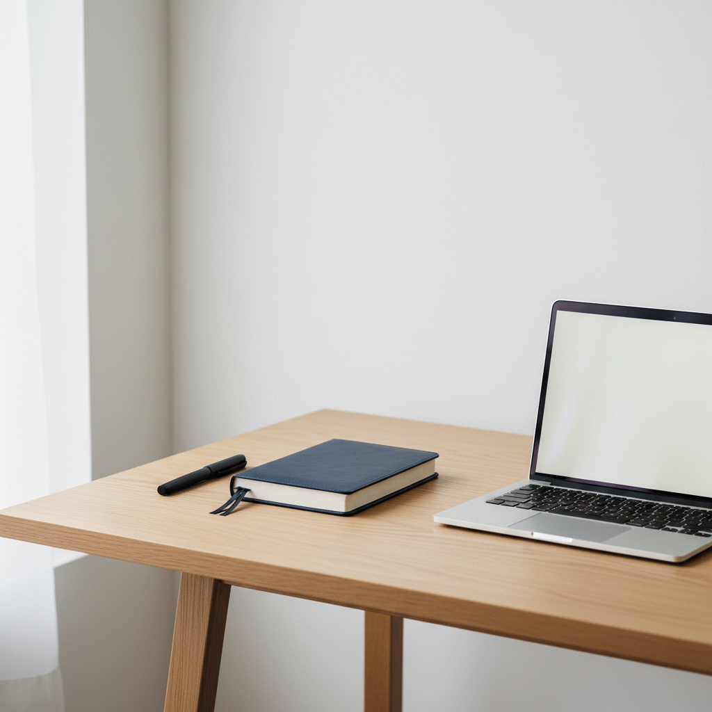 A minimalist writing nook featuring a simple light oak table against a white wall, with a closed navy-blue leather journal centered on the surface. Beside it, a slim silver laptop is partially open, its screen softly glowing but unreadable. Diffused overcast daylight enters from the left, creating gentle, even illumination with soft shadows under the journal. A single sleek black pen aligns parallel to the journal’s spine, reinforcing an orderly, professional aesthetic. Photographic realism, eye-level composition, clean and modern atmosphere that conveys a reflective blogging space dedicated to thoughtful journals about world and humanity.