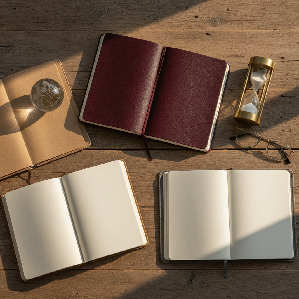 A top-down photographic view of multiple journals arranged neatly on a large wooden table: one with a kraft paper cover, one deep burgundy faux leather, and one soft gray fabric. Each is open to blank, high-quality pages, inviting reflection. Around them, there are subtle objects of contemplation: a globe-shaped paperweight, a simple sand timer, and a pair of frameless reading glasses. Soft afternoon light from the right creates long, gentle shadows and warm tones across the scene. The composition uses asymmetrical balance and sharp focus throughout, evoking a professional, reflective atmosphere centered on writing about global human experiences.