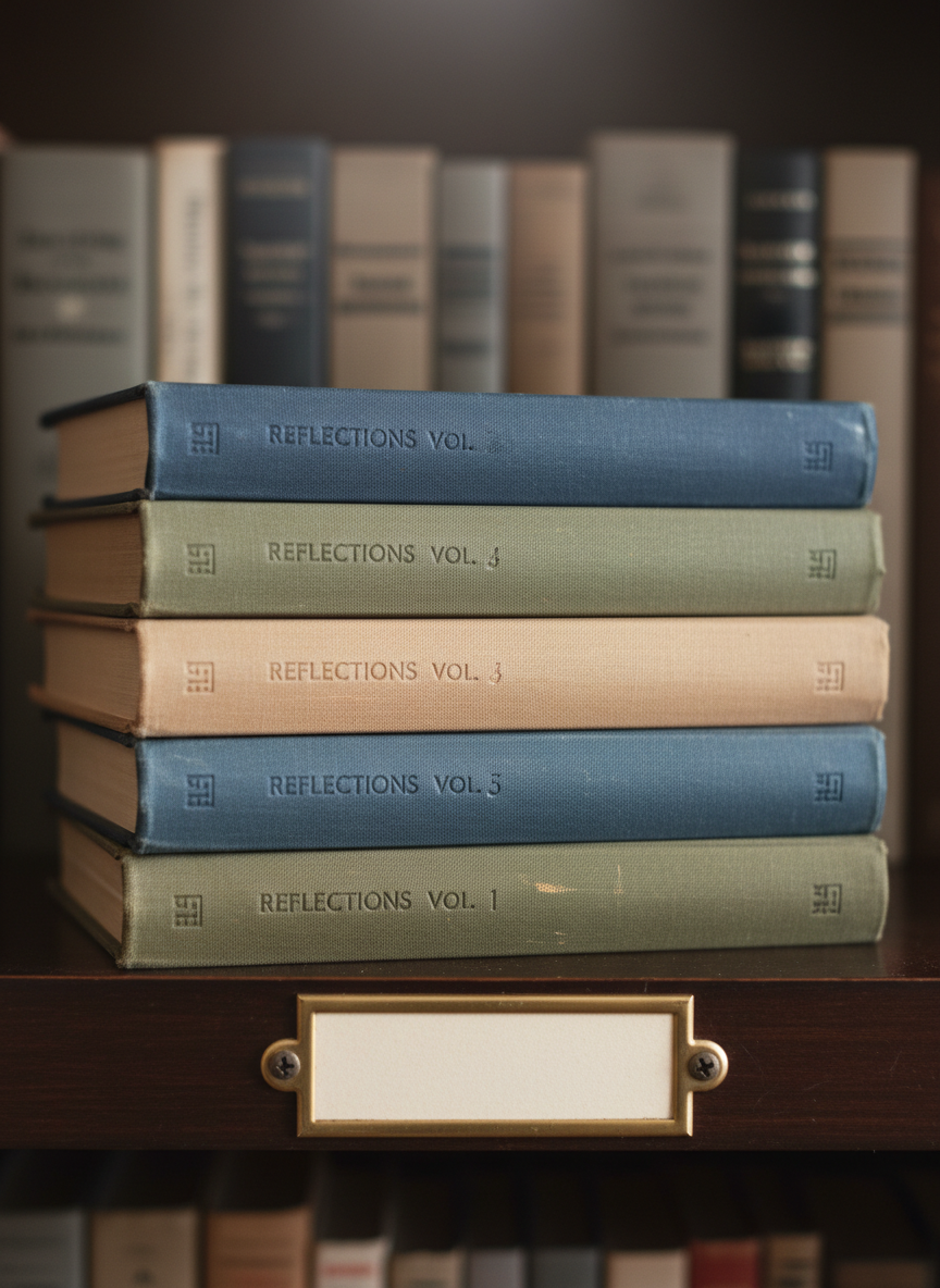 A neatly stacked pile of well-used journals, each with differently colored cloth covers—slate blue, muted olive, and warm beige—sits on a dark wooden shelf. Their spines show subtle wear, signaling years of consistent, professional journaling. A small metal label holder on the shelf below remains blank, symbolizing ongoing stories. Soft, indirect indoor lighting from above creates gentle gradients on the fabric textures and faint shadows behind the stack, while the background remains slightly blurred book spines in neutral tones. Photographic realism, eye-level frame, calm and reflective mood, suggesting an archive of thoughtful writings on world and humanity.